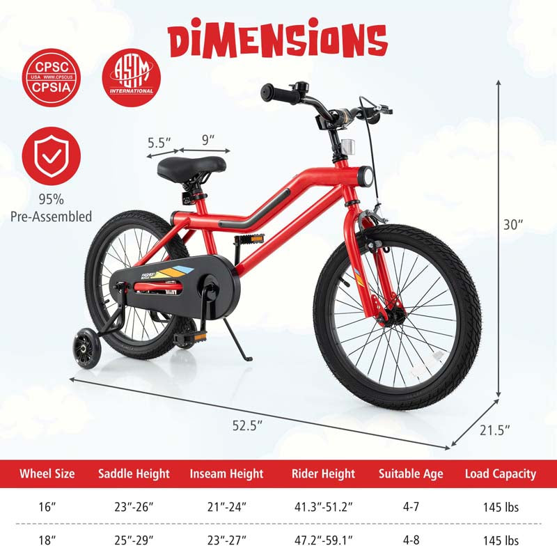 16/18 Inch LED Lighted Kids Bike with Training Wheels, Headlight, Adjustable Seat & Dual Brakes, Children Bicycle for Ages 4-8 Years