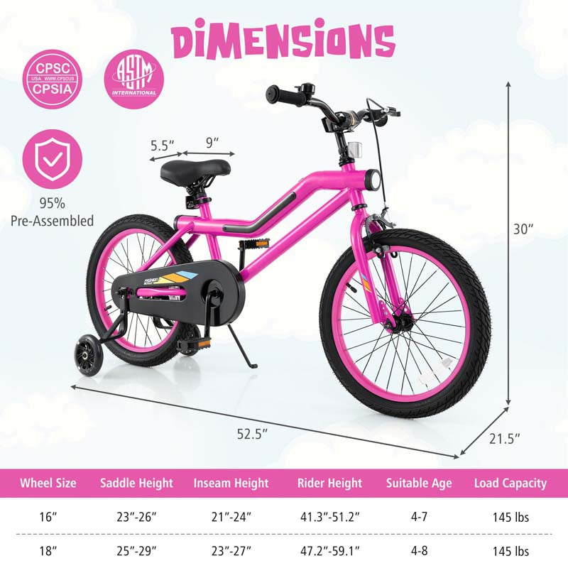 16/18 Inch LED Lighted Kids Bike with Training Wheels, Headlight, Adjustable Seat & Dual Brakes, Children Bicycle for Ages 4-8 Years