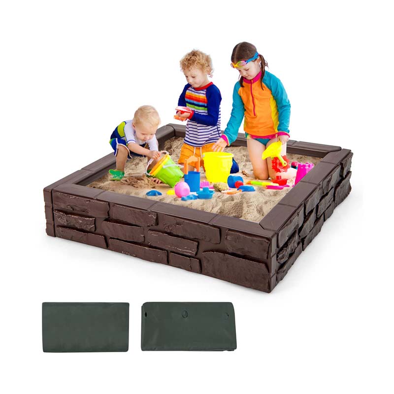 47"x 47" HDPE Kids Sandbox with Oxford Cover & Bottom Liner, Weather Resistant Outdoor Sand Pit for Backyard Lawn Garden Beach
