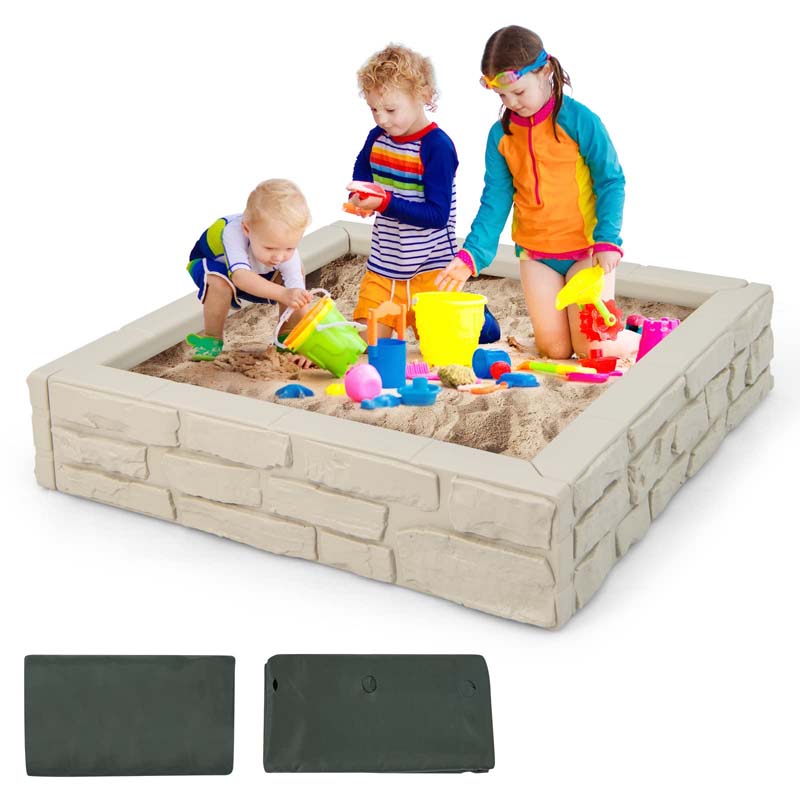 47"x 47" HDPE Kids Sandbox with Oxford Cover & Bottom Liner, Weather Resistant Outdoor Sand Pit for Backyard Lawn Garden Beach