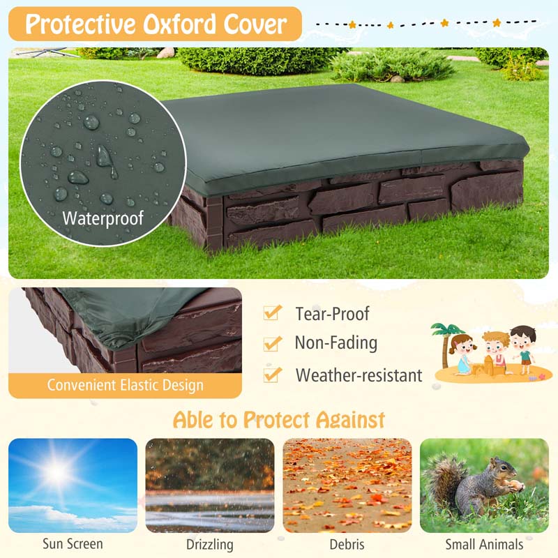 47"x 47" HDPE Kids Sandbox with Oxford Cover & Bottom Liner, Weather Resistant Outdoor Sand Pit for Backyard Lawn Garden Beach