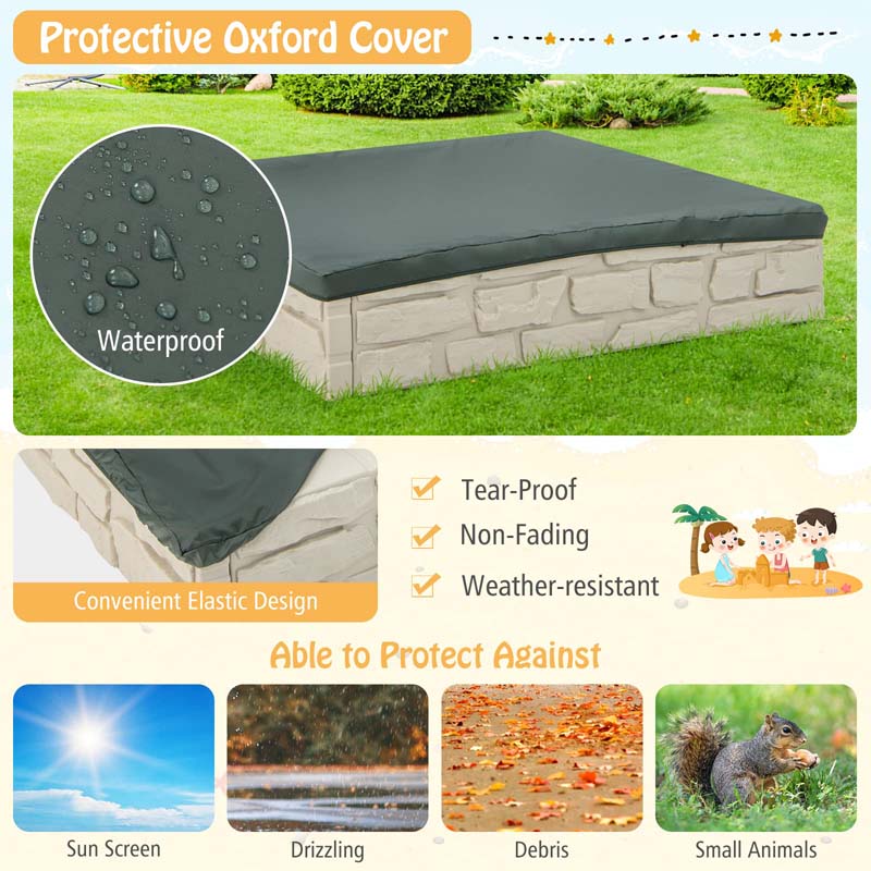 47"x 47" HDPE Kids Sandbox with Oxford Cover & Bottom Liner, Weather Resistant Outdoor Sand Pit for Backyard Lawn Garden Beach