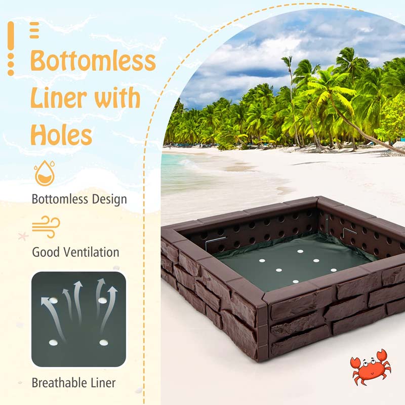 47"x 47" HDPE Kids Sandbox with Oxford Cover & Bottom Liner, Weather Resistant Outdoor Sand Pit for Backyard Lawn Garden Beach