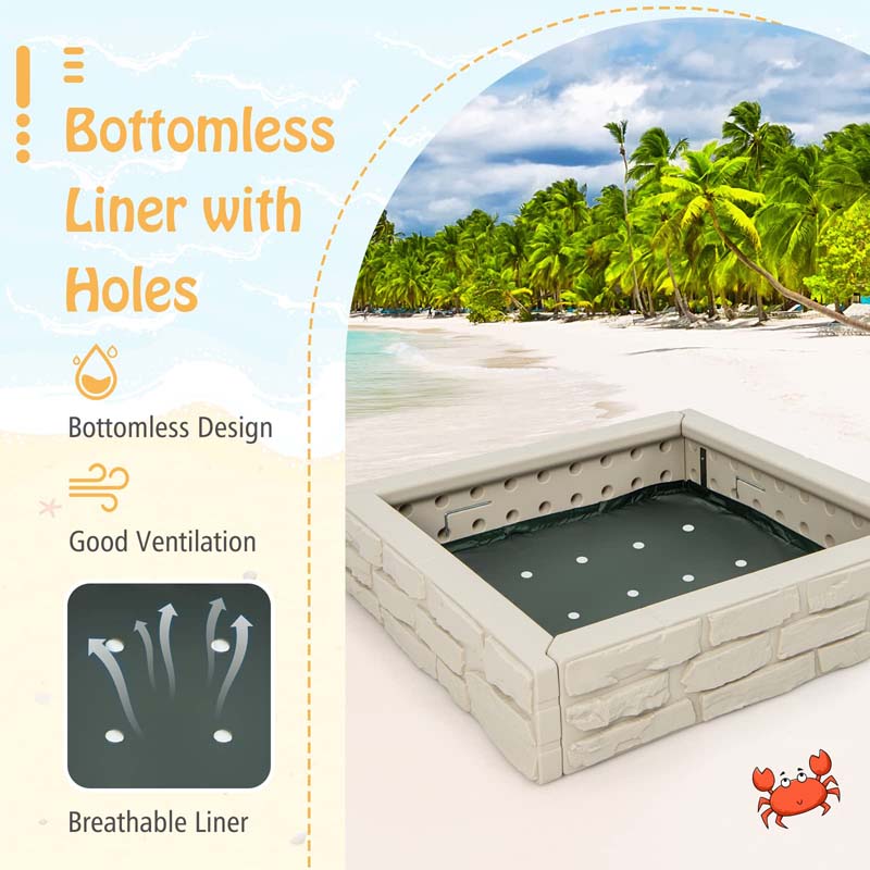47"x 47" HDPE Kids Sandbox with Oxford Cover & Bottom Liner, Weather Resistant Outdoor Sand Pit for Backyard Lawn Garden Beach