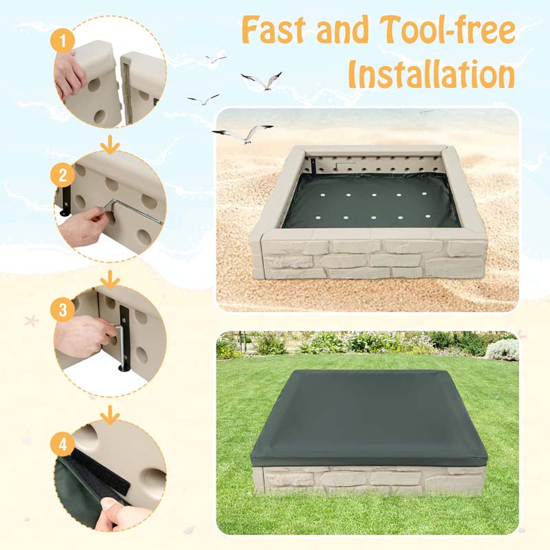 47"x 47" HDPE Kids Sandbox with Oxford Cover & Bottom Liner, Weather Resistant Outdoor Sand Pit for Backyard Lawn Garden Beach