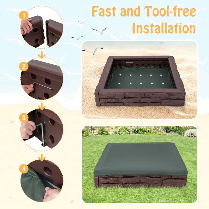 47"x 47" HDPE Kids Sandbox with Oxford Cover & Bottom Liner, Weather Resistant Outdoor Sand Pit for Backyard Lawn Garden Beach