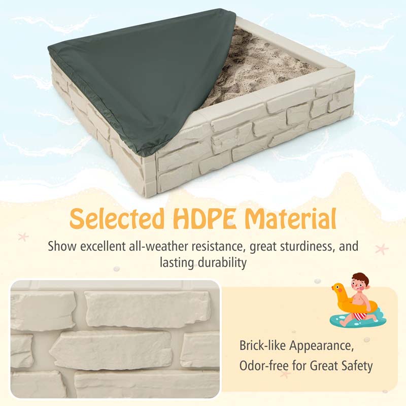 47"x 47" HDPE Kids Sandbox with Oxford Cover & Bottom Liner, Weather Resistant Outdoor Sand Pit for Backyard Lawn Garden Beach