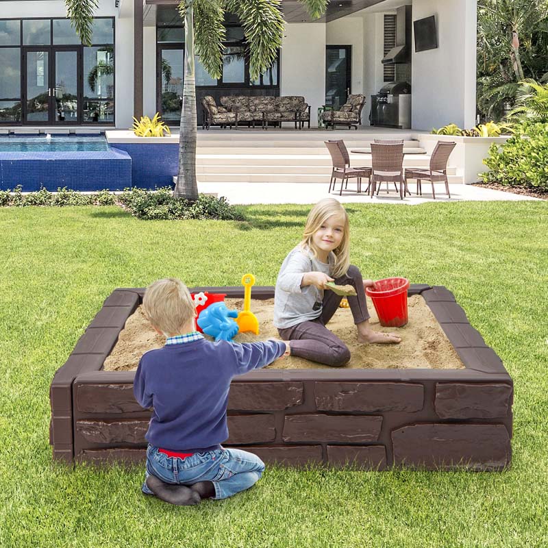47"x 47" HDPE Kids Sandbox with Oxford Cover & Bottom Liner, Weather Resistant Outdoor Sand Pit for Backyard Lawn Garden Beach