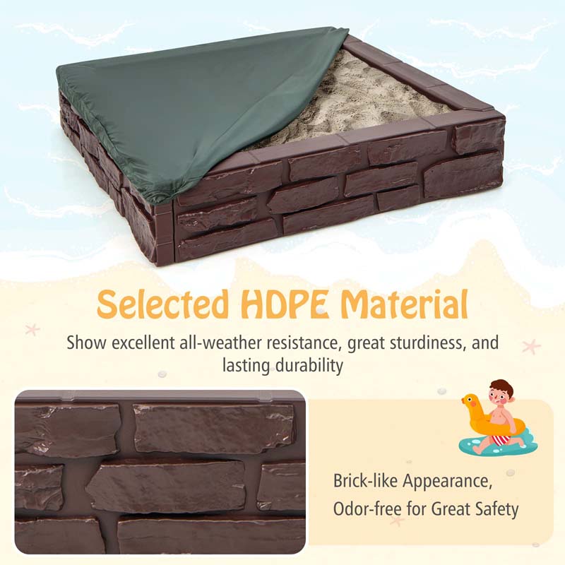 47"x 47" HDPE Kids Sandbox with Oxford Cover & Bottom Liner, Weather Resistant Outdoor Sand Pit for Backyard Lawn Garden Beach