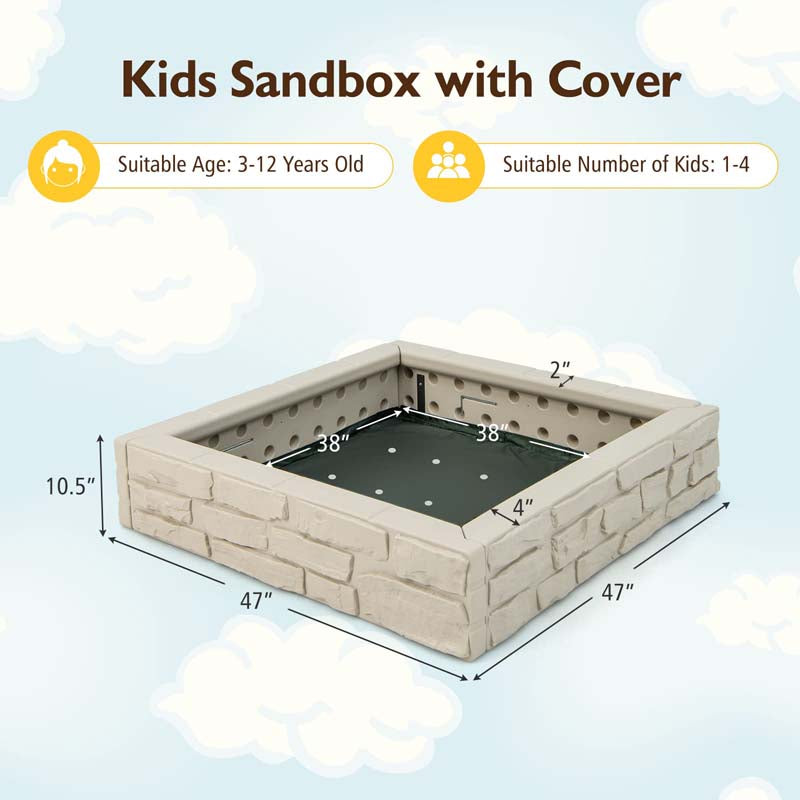 47"x 47" HDPE Kids Sandbox with Oxford Cover & Bottom Liner, Weather Resistant Outdoor Sand Pit for Backyard Lawn Garden Beach