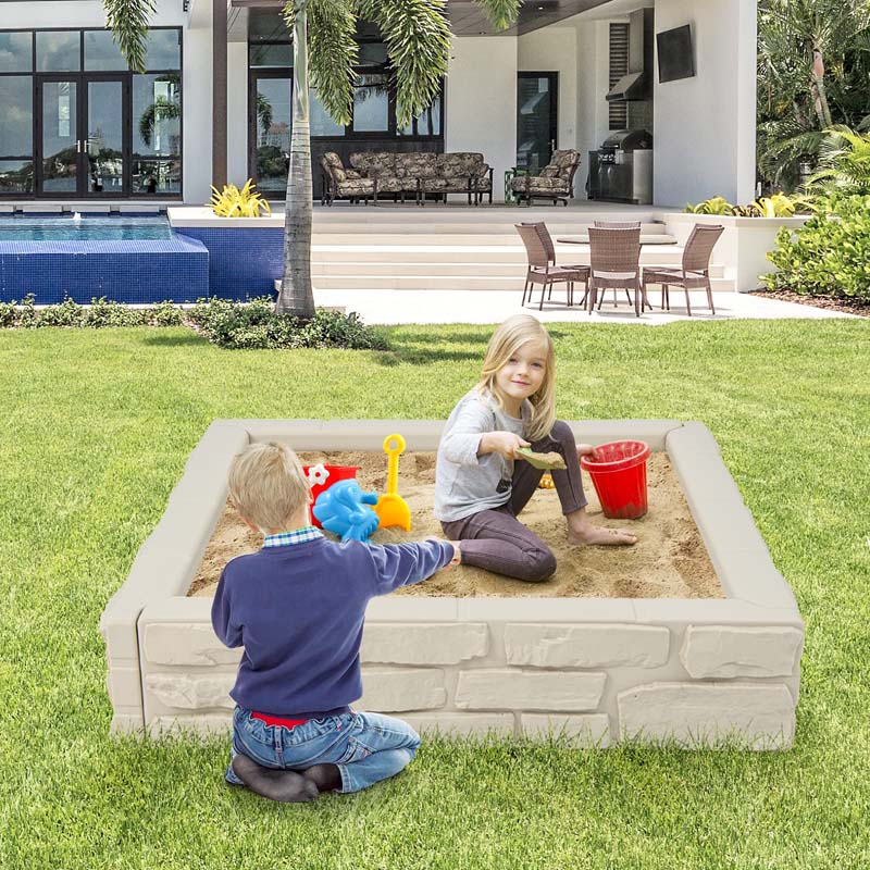 47"x 47" HDPE Kids Sandbox with Oxford Cover & Bottom Liner, Weather Resistant Outdoor Sand Pit for Backyard Lawn Garden Beach