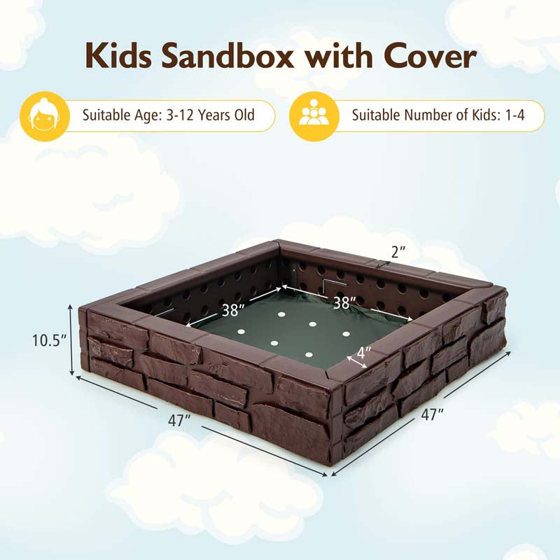 47"x 47" HDPE Kids Sandbox with Oxford Cover & Bottom Liner, Weather Resistant Outdoor Sand Pit for Backyard Lawn Garden Beach