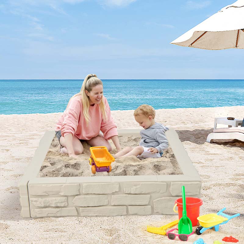 47"x 47" HDPE Kids Sandbox with Oxford Cover & Bottom Liner, Weather Resistant Outdoor Sand Pit for Backyard Lawn Garden Beach