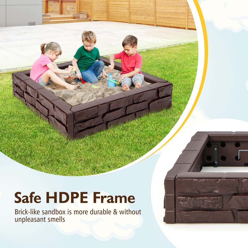 47"x 47" HDPE Kids Sandbox with Oxford Cover & Bottom Liner, Weather Resistant Outdoor Sand Pit for Backyard Lawn Garden Beach