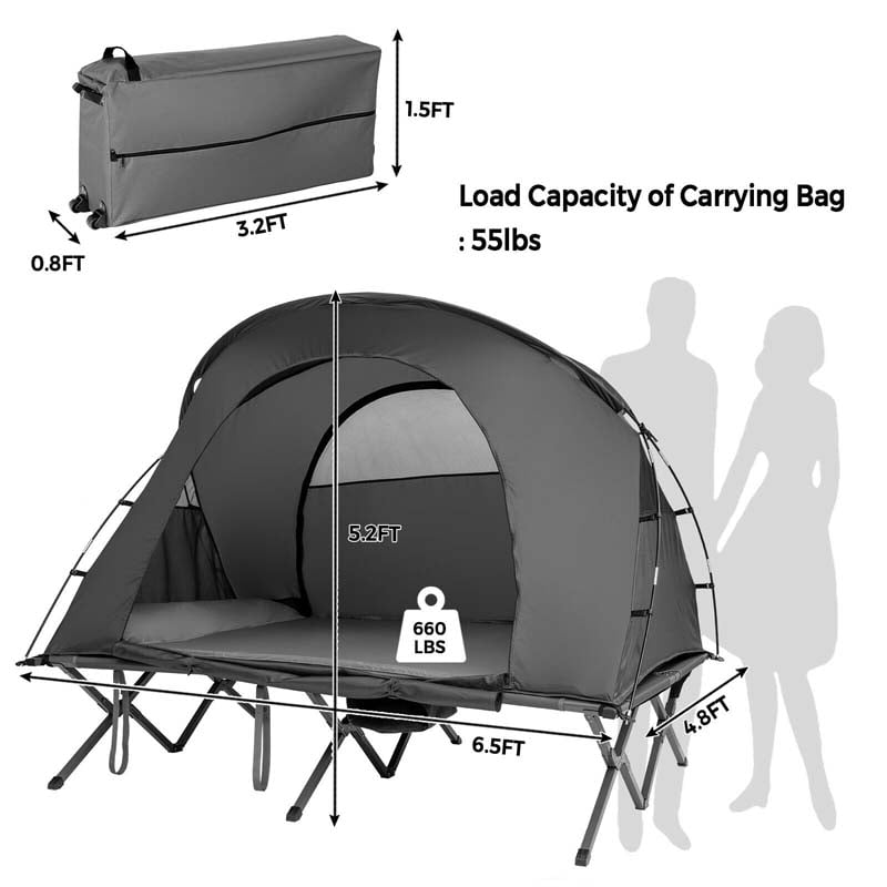 2-Person Folding Camping Tent Cot, 4-in-1 Elevated Off-Ground Tent with Mattress, Cover & Carrying Roller Bag for Hiking & Traveling