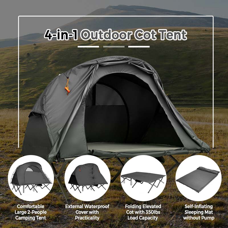 2-Person Folding Camping Tent Cot, 4-in-1 Elevated Off-Ground Tent with Mattress, Cover & Carrying Roller Bag for Hiking & Traveling