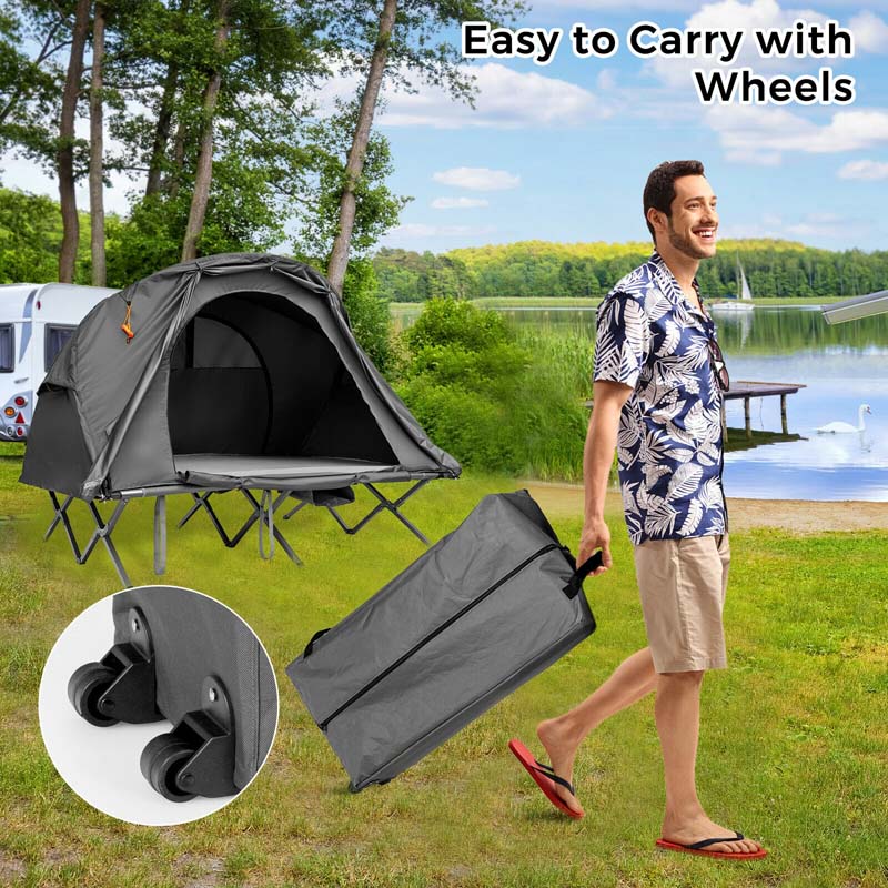 2-Person Folding Camping Tent Cot, 4-in-1 Elevated Off-Ground Tent with Mattress, Cover & Carrying Roller Bag for Hiking & Traveling