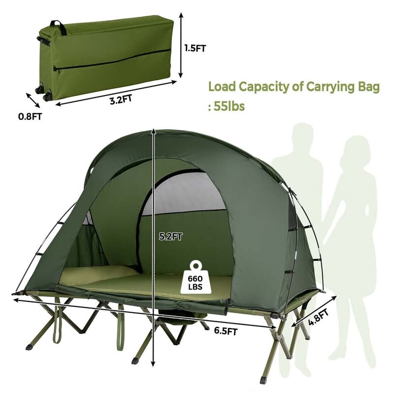 2-Person Folding Camping Tent Cot, 4-in-1 Elevated Off-Ground Tent with Mattress, Cover & Carrying Roller Bag for Hiking & Traveling