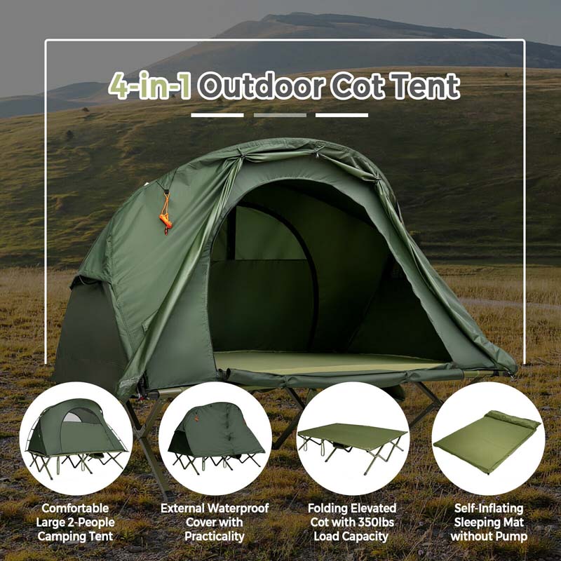 2-Person Folding Camping Tent Cot, 4-in-1 Elevated Off-Ground Tent with Mattress, Cover & Carrying Roller Bag for Hiking & Traveling
