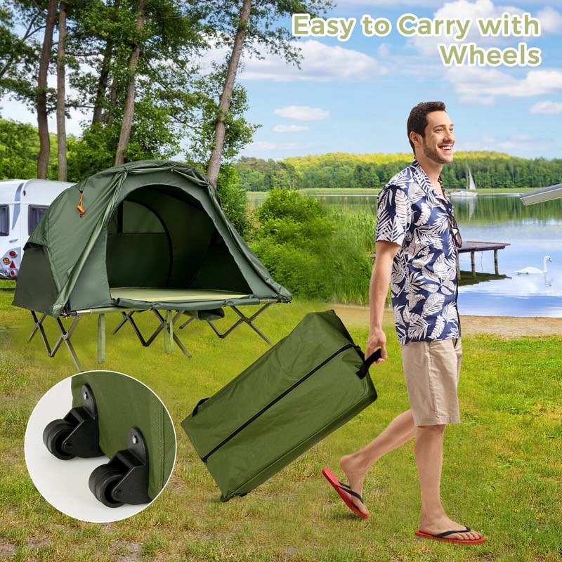 2-Person Folding Camping Tent Cot, 4-in-1 Elevated Off-Ground Tent with Mattress, Cover & Carrying Roller Bag for Hiking & Traveling