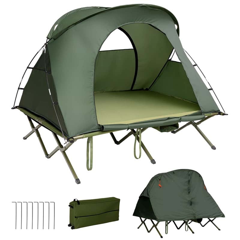 2-Person Folding Camping Tent Cot, 4-in-1 Elevated Off-Ground Tent with Mattress, Cover & Carrying Roller Bag for Hiking & Traveling