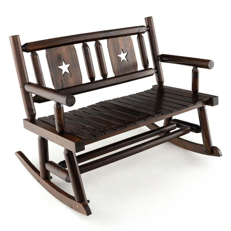 Carbonized Wood Double Rocking Chair, 2 Person Porch Rocker Bench Loveseat with Wide Curved Seat & 710LB Capacity for Backyard, Garden, Patio