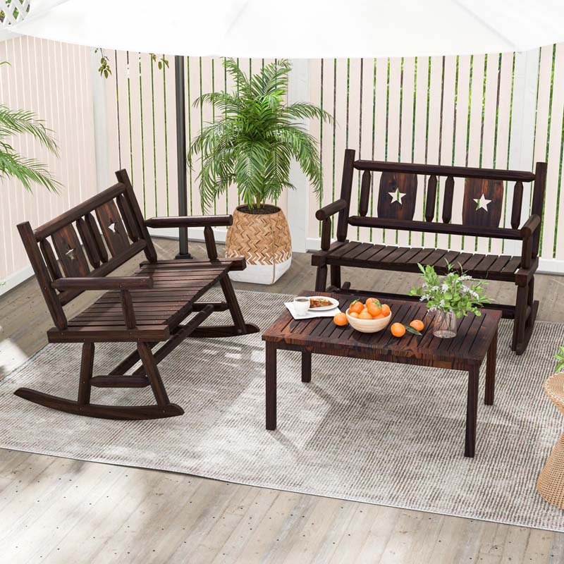 Carbonized Wood Double Rocking Chair, 2 Person Porch Rocker Bench Loveseat with Wide Curved Seat & 710LB Capacity for Backyard, Garden, Patio
