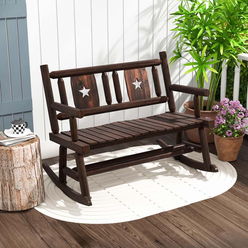 Rustic Carbonized Wood Double Rocker Chair Loveseat with Ergonomic Seat, 2-Person Patio Rocking Bench for Backyard Porch Garden