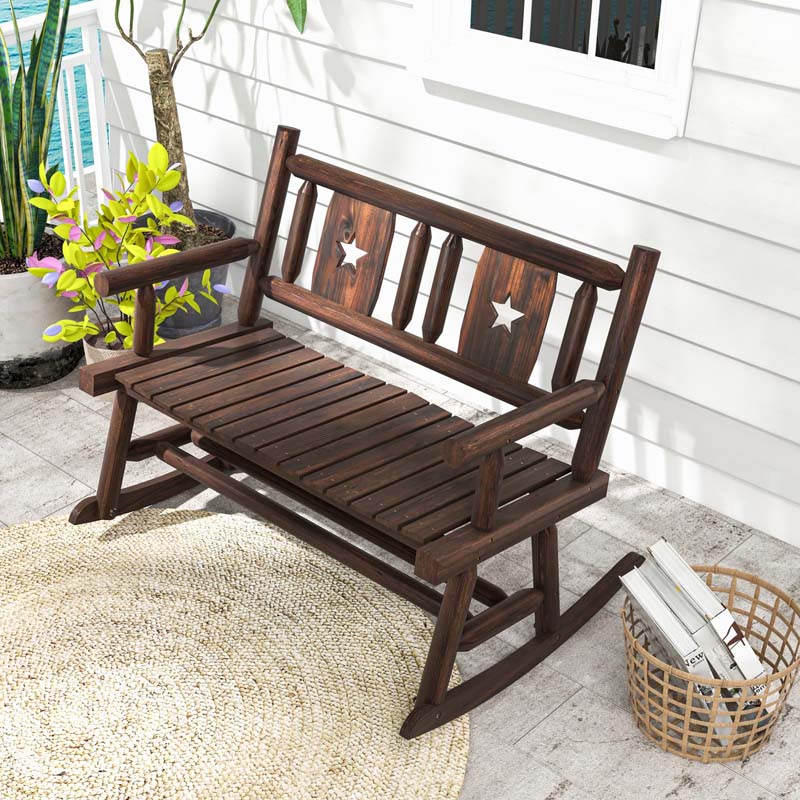 Carbonized Wood Double Rocking Chair, 2 Person Porch Rocker Bench Loveseat with Wide Curved Seat & 710LB Capacity for Backyard, Garden, Patio