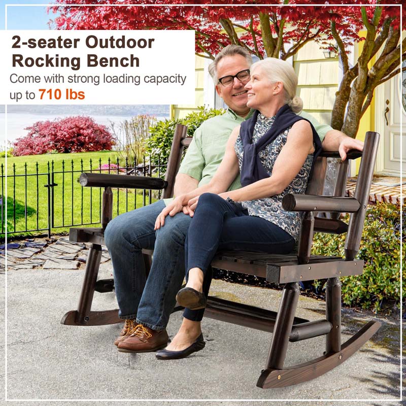 Carbonized Wood Double Rocking Chair, 2 Person Porch Rocker Bench Loveseat with Wide Curved Seat & 710LB Capacity for Backyard, Garden, Patio