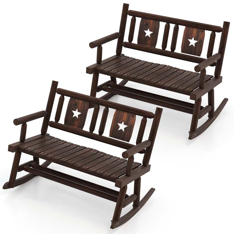Carbonized Wood Double Rocking Chair, 2 Person Porch Rocker Bench Loveseat with Wide Curved Seat & 710LB Capacity for Backyard, Garden, Patio