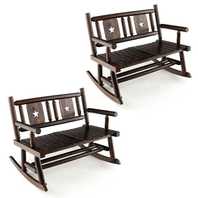 Carbonized Wood Double Rocking Chair, 2 Person Porch Rocker Bench Loveseat with Wide Curved Seat & 710LB Capacity for Backyard, Garden, Patio