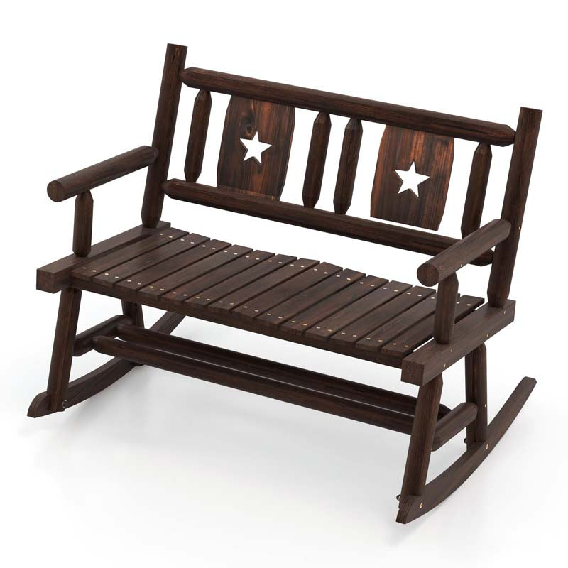 Rustic Carbonized Wood Double Rocker Chair Loveseat with Ergonomic Seat, 2-Person Patio Rocking Bench for Backyard Porch Garden