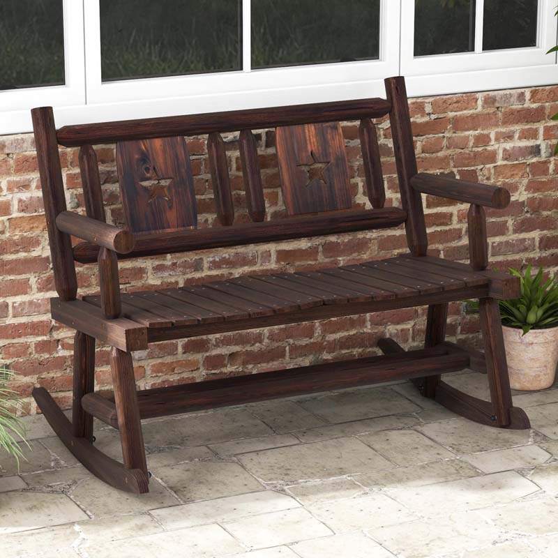 Carbonized Wood Double Rocking Chair, 2 Person Porch Rocker Bench Loveseat with Wide Curved Seat & 710LB Capacity for Backyard, Garden, Patio