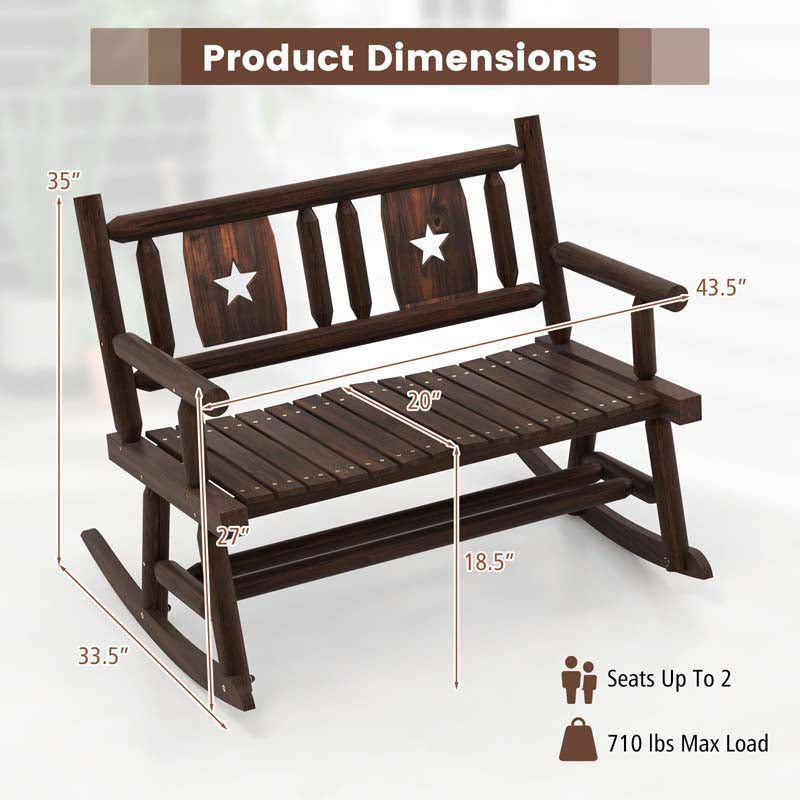 Carbonized Wood Double Rocking Chair, 2 Person Porch Rocker Bench Loveseat with Wide Curved Seat & 710LB Capacity for Backyard, Garden, Patio