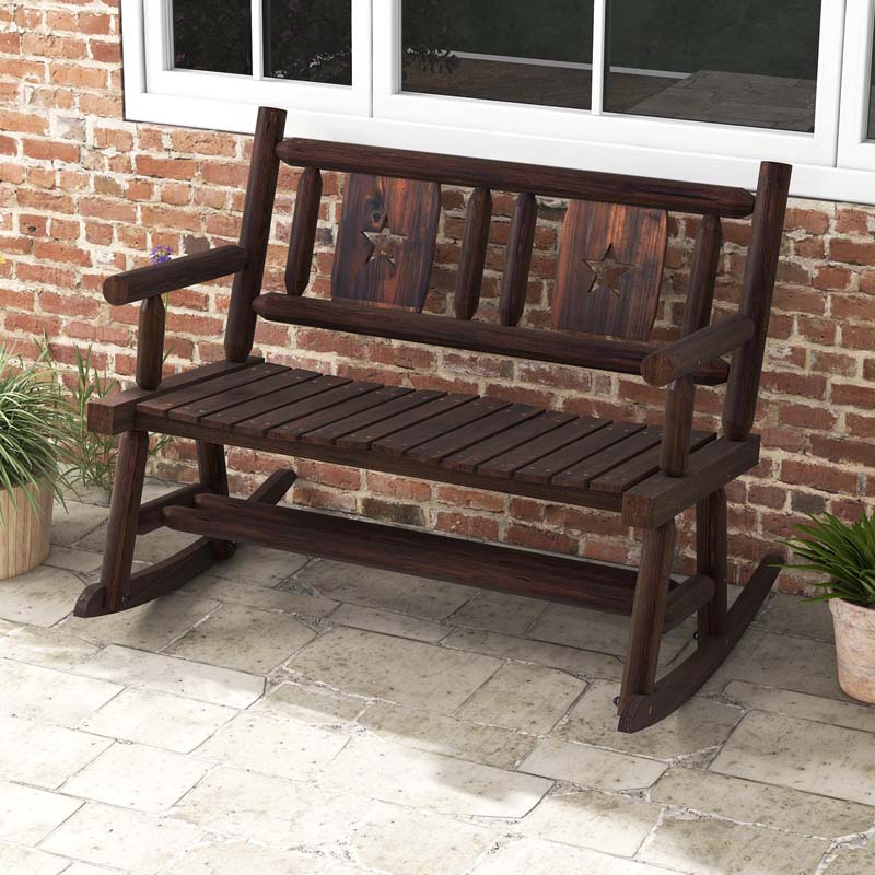 Carbonized Wood Double Rocking Chair, 2 Person Porch Rocker Bench Loveseat with Wide Curved Seat & 710LB Capacity for Backyard, Garden, Patio