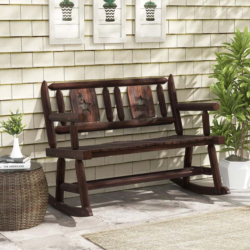 Carbonized Wood Double Rocking Chair, 2 Person Porch Rocker Bench Loveseat with Wide Curved Seat & 710LB Capacity for Backyard, Garden, Patio