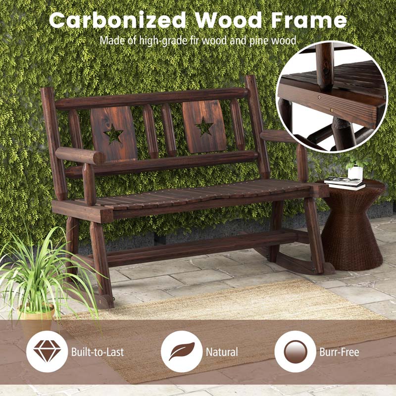 Carbonized Wood Double Rocking Chair, 2 Person Porch Rocker Bench Loveseat with Wide Curved Seat & 710LB Capacity for Backyard, Garden, Patio