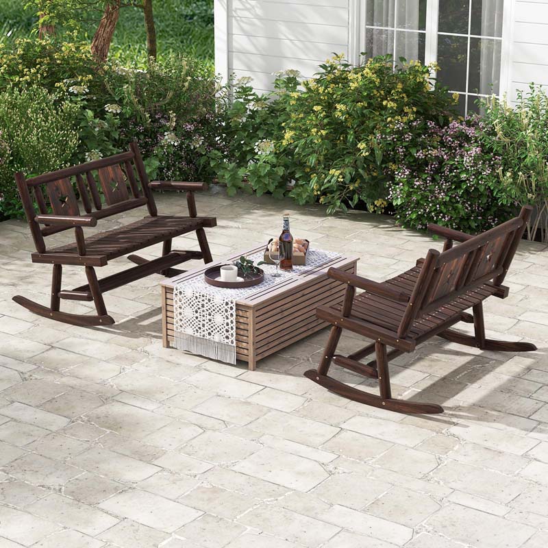 Carbonized Wood Double Rocking Chair, 2 Person Porch Rocker Bench Loveseat with Wide Curved Seat & 710LB Capacity for Backyard, Garden, Patio