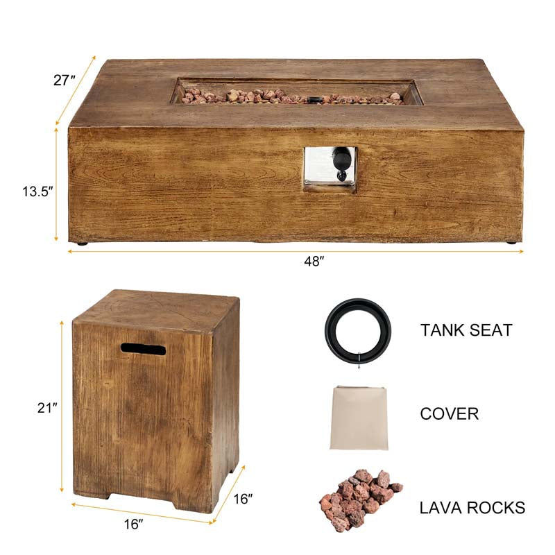 2-Piece Propane Fire Pit Table Set with 20 Gal. Tank Side Table, 48" 50,000 BTU Rectangular Outdoor Gas Fire Table w/Waterproof Cover for Patio Garden