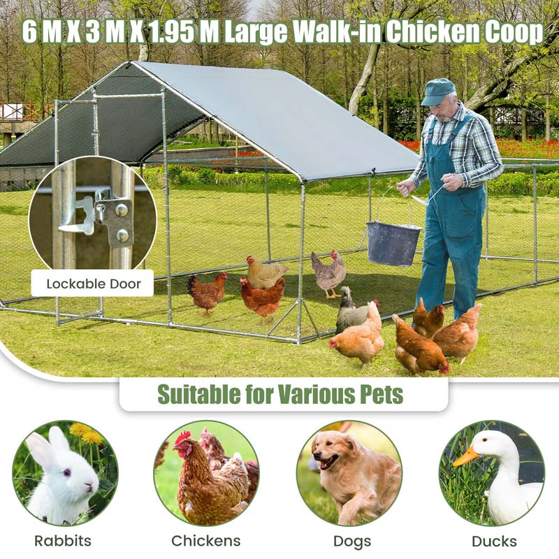 20FT Large Metal Chicken Coop Walk-in Poultry Cage with Waterproof & Sun-Proof Cover, Half Spire Duck Rabbit Hen Run House for Outdoor Backyard Farm