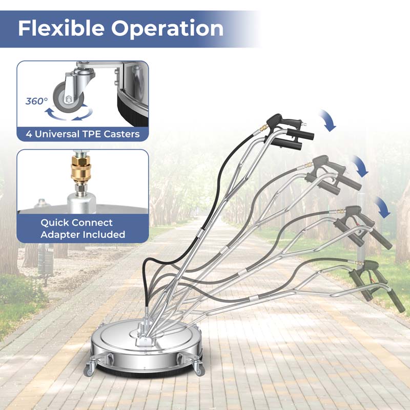 20" Pressure Washer Surface Cleaner, 4000 PSI Stainless Steel Cleaner Attachment with Casters, Dual Handles & 3/8" Quick-Connect for Driveway, Patio