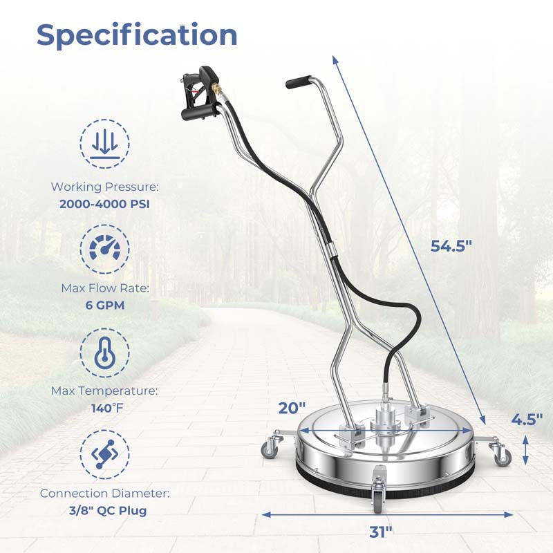 20" Pressure Washer Surface Cleaner, 4000 PSI Stainless Steel Cleaner Attachment with Casters, Dual Handles & 3/8" Quick-Connect for Driveway, Patio