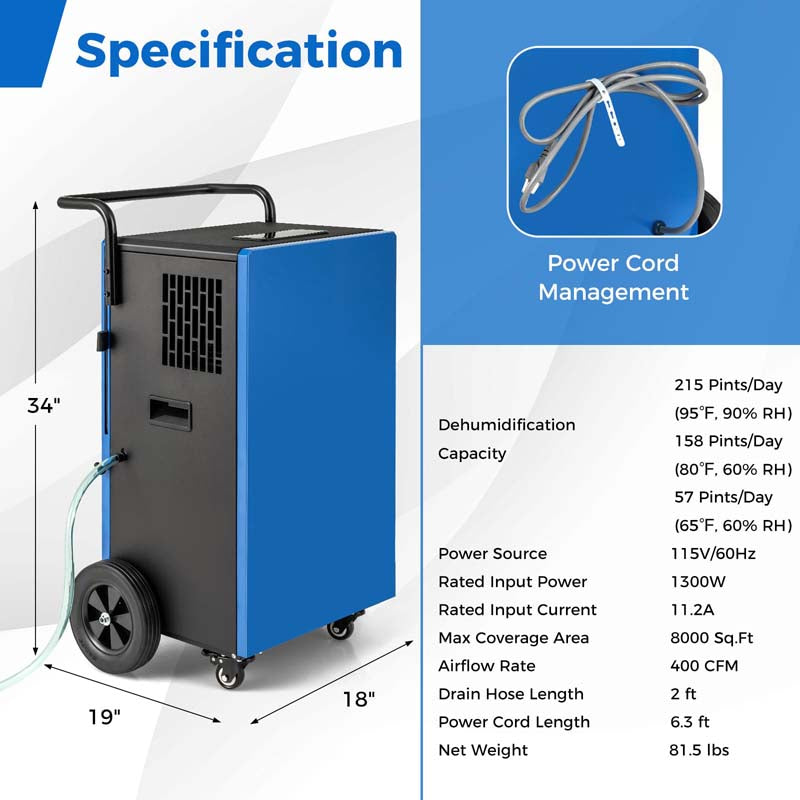 215 Pint Commercial Dehumidifier, 8000 Sq.Ft Industrial Dehumidifier with Drain Hose, 24H Timer & 4 Wheels for Basement, Warehouse, Water Damage
