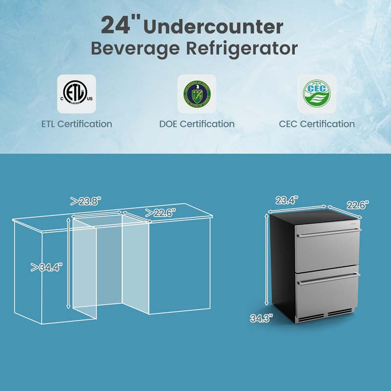 24" 4.9 Cu.Ft Dual Drawer Beverage Refrigerator, Built-in/Freestanding Undercounter Beverage Cooler with 37℉-64℉ Temp Range for Home Commercial Use