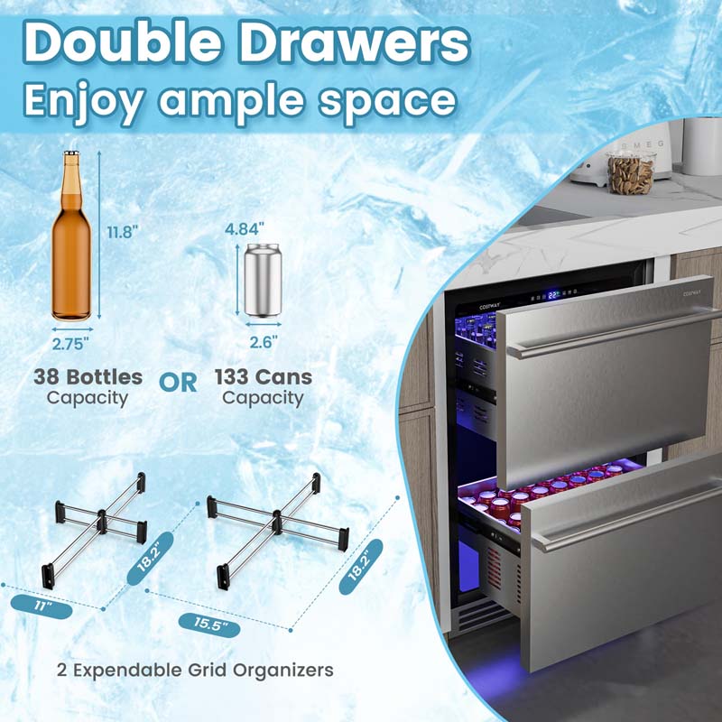 24" 4.9 Cu.Ft Dual Drawer Beverage Refrigerator, Built-in/Freestanding Undercounter Beverage Cooler with 37℉-64℉ Temp Range for Home Commercial Use