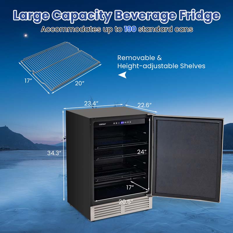 190 Cans Under Counter Drink Beverage Fridge w/Removable Shelves, 24" Built-in & Freestanding Wine Refrigerator Cooler