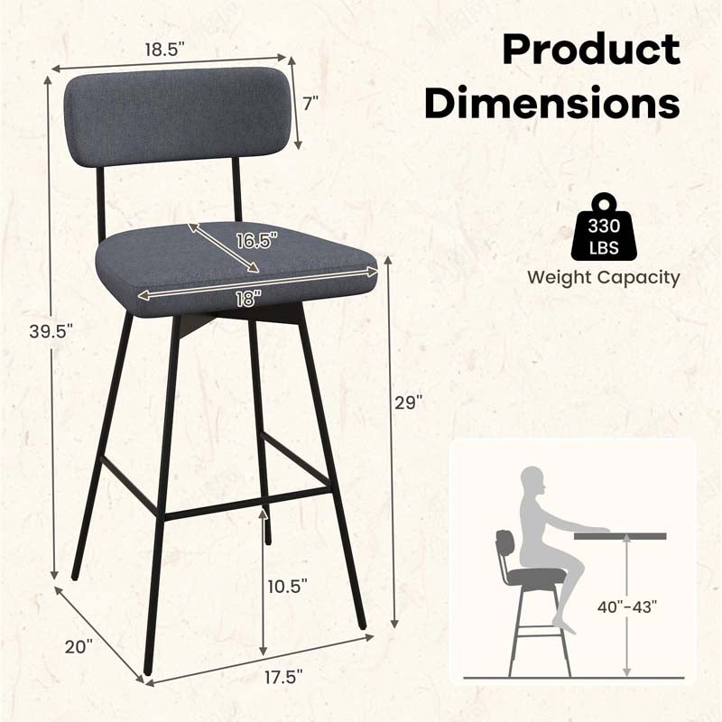 Swivel Bar Stools Set of 2, 29" Upholstered Bar Height Chairs with Back, Heavy-Duty Metal Legs & Footrest for Kitchen Island, Home Bar