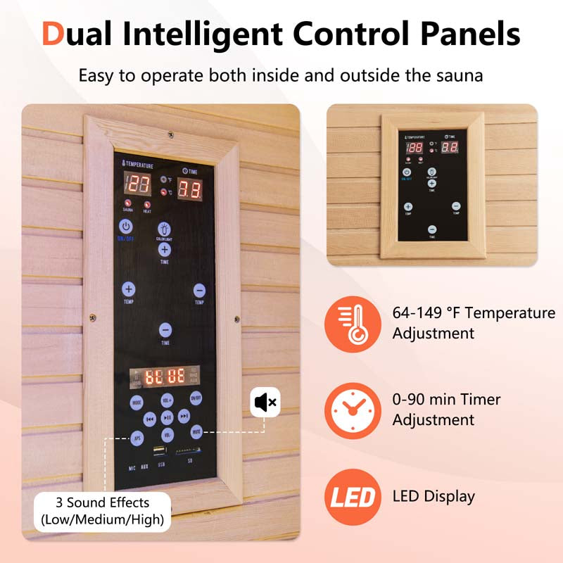 2-Person Far Infrared Wooden Sauna Room for Home, Canadian Hemlock Indoor Sauna with Free Red Light Therapy & Bluetooth Speakers & 4 Light Strips