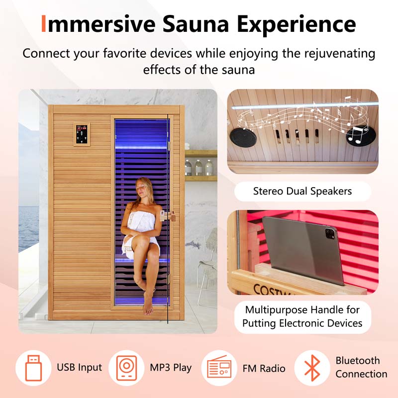 2-Person Far Infrared Wooden Sauna Room for Home, Canadian Hemlock Indoor Sauna with Free Red Light Therapy & Bluetooth Speakers & 4 Light Strips